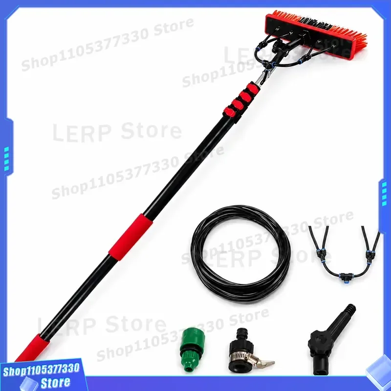4.6M Telescopic Aluminum Pole Solar Panel Washer Kit with Water Feed Brush for Home Window Outdoor Cleaning Device Tool