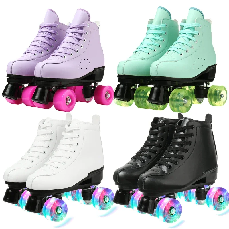 Women PU Leather Roller Skates Inline Quad Skates Flash Wheel Europe Size 4 Wheels