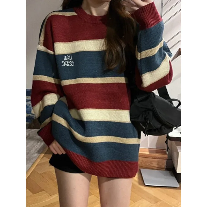 

Idle Retro Red and Blue Striped Contrast Color White Female Student Korean Style All-Matching Sweater Top Fashion