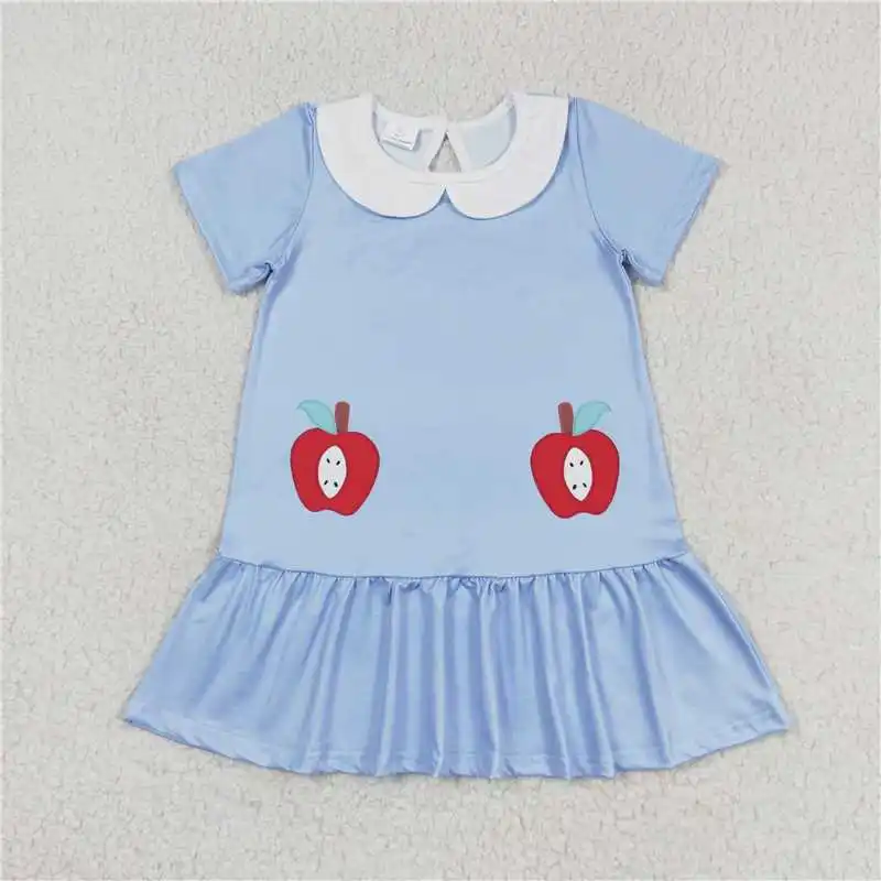 New Fashion Back To School Apple Doll Collar Blue and White Short Sleeve Dress Wholesale Boutique Women Clothes Styles RTS Skirt