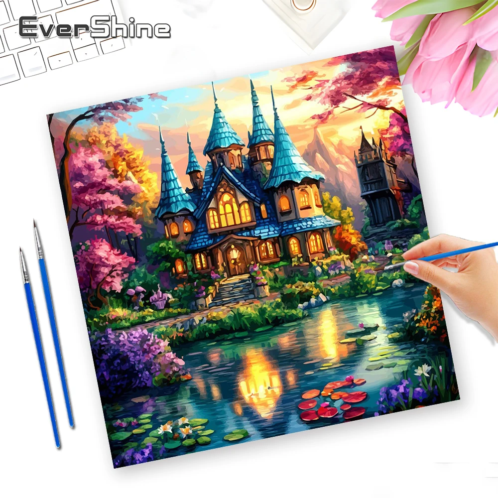 EverShine DIY Ölgemälde nach Zahlen, Schloss, handgemaltes Gemälde, Kunst, Landschaft, Zeichnung auf Leinwand, Garten, einzigartiges Geschenk