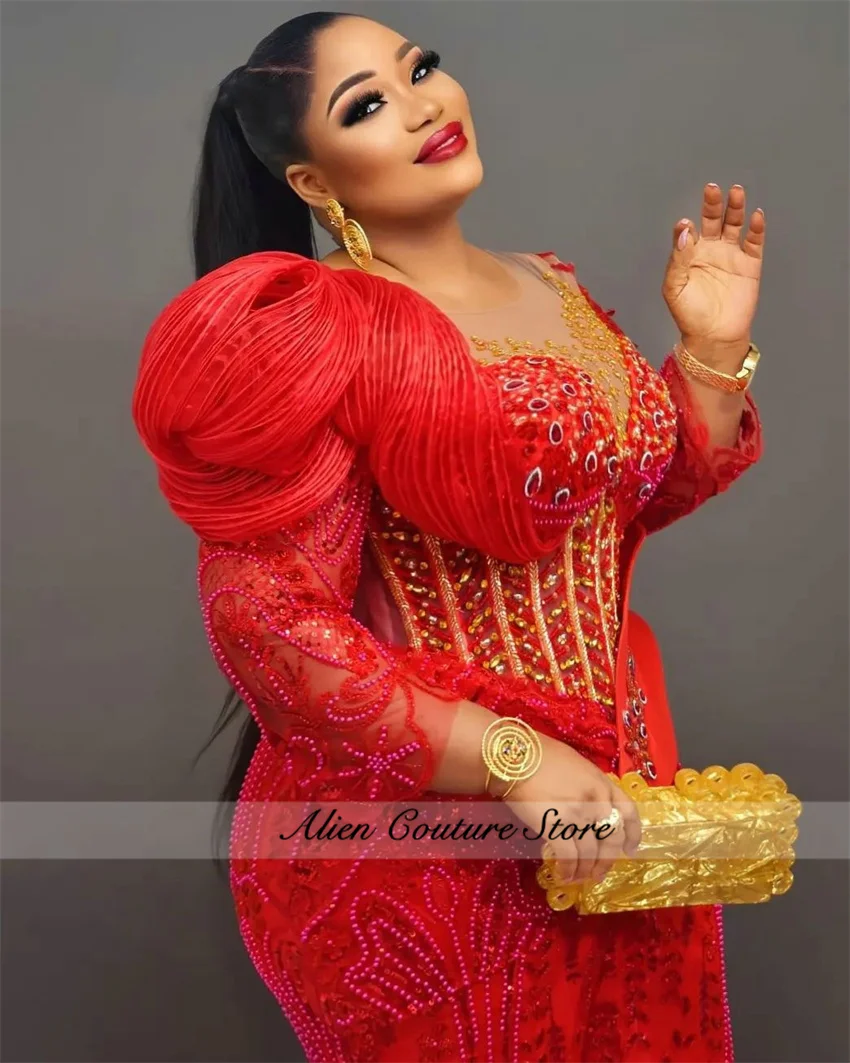 Vestido De noche De sirena rojo brillante, vestidos De fiesta De graduación De boda y cumpleaños con cuentas De cristal, batas Aso Ebi personalizadas