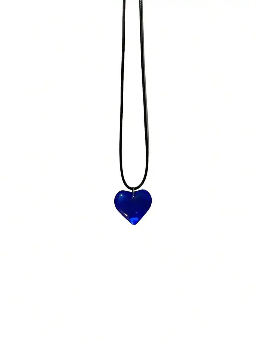 

Vibrant Blue Semi-Transparent Glass Heart Pendant On Black Cord Necklace For Adults