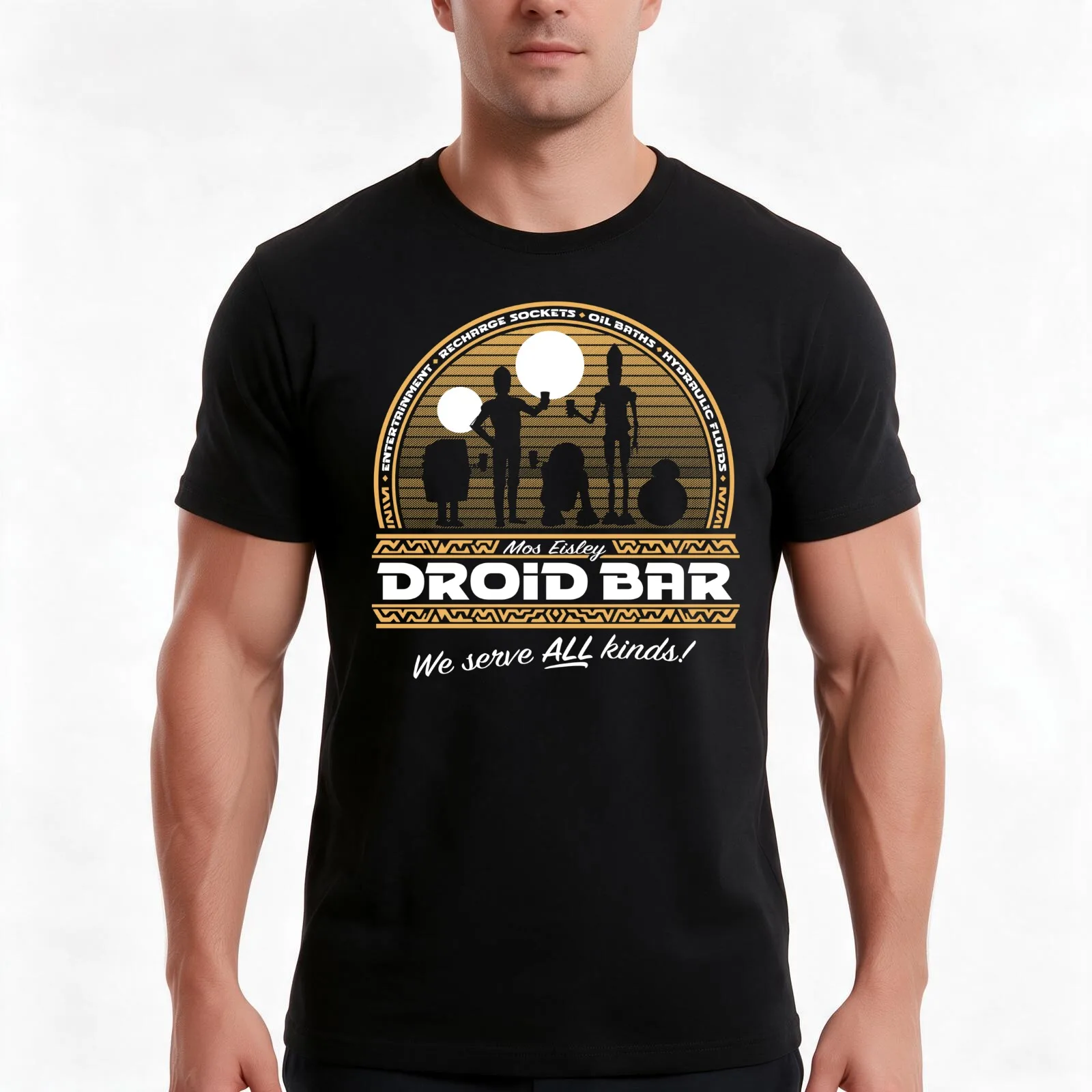 Droid Bar T-Shirt, Summer Casual Cotton Tee, Oversized Streetwear Tops, Vintage Graphic Print, Loose Fit Short Sleeve