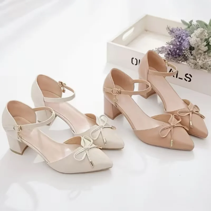 Women's High Heel Sandals Pointed Toe Pumps Bowknot Decoration Chunky Heel Dress Shoes for Office Ladies Party Wedding view 2