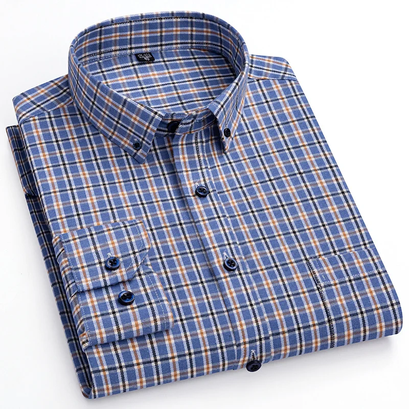 New in shirt plus size long-sleeve shirts for men 100%cotton casual plaid top slim fit formal Pure cotton sanding office clothes