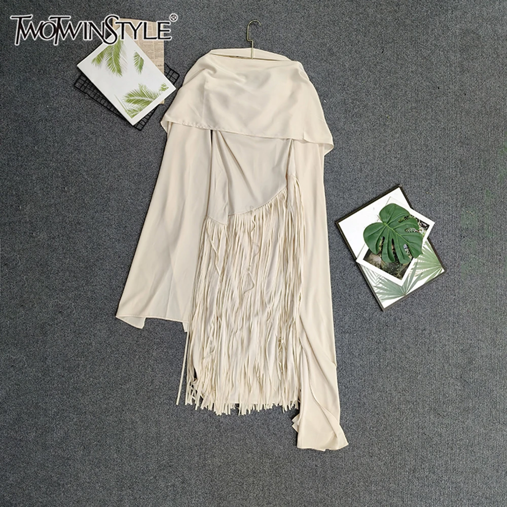 

TWOTWINSTYLE Однотонное элегантное облегающее платье-шаль для женщин, с круглым вырезом, без рукавов, с завышенной талией, с бахромой, новинка KDRP540319