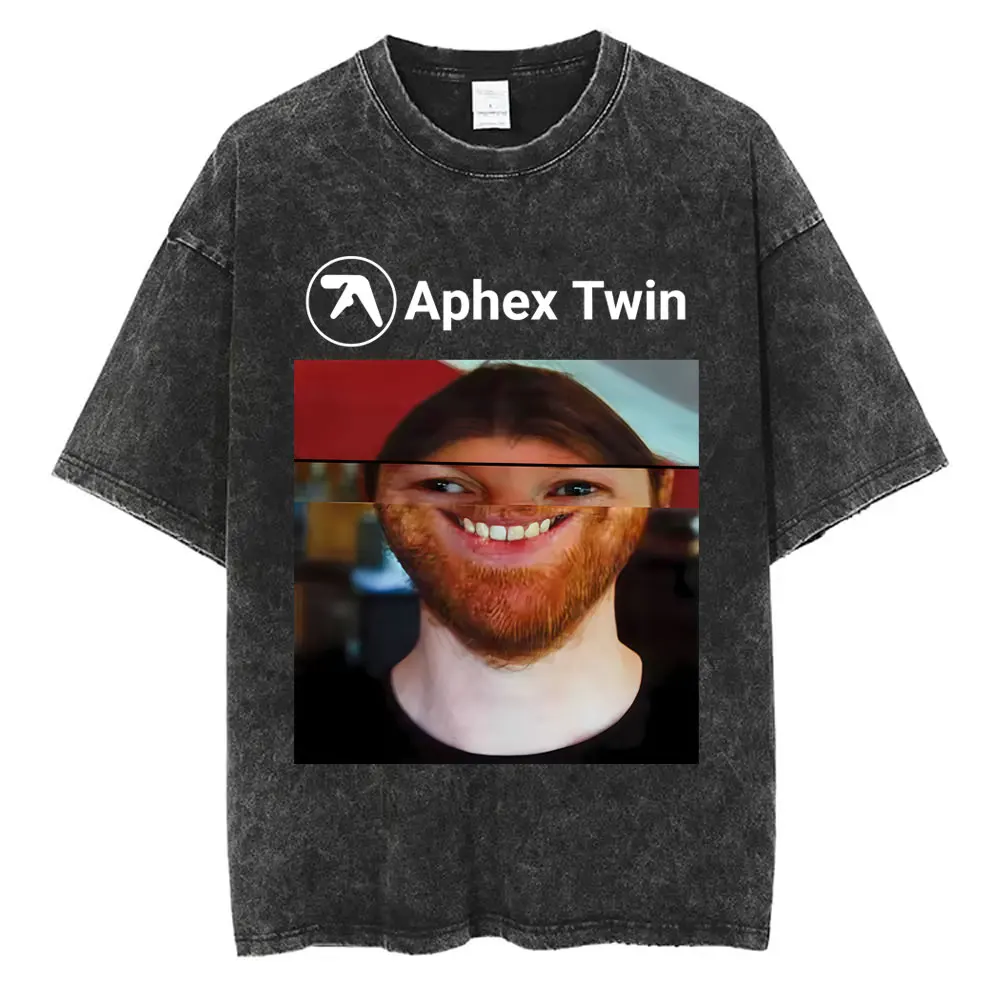 

Singer Aphex Twin Face Funny Meme Vintage Washed T Shirt Men Women Fashion Retro Oversized T-shirt Men's Casual Cotton T-shirts