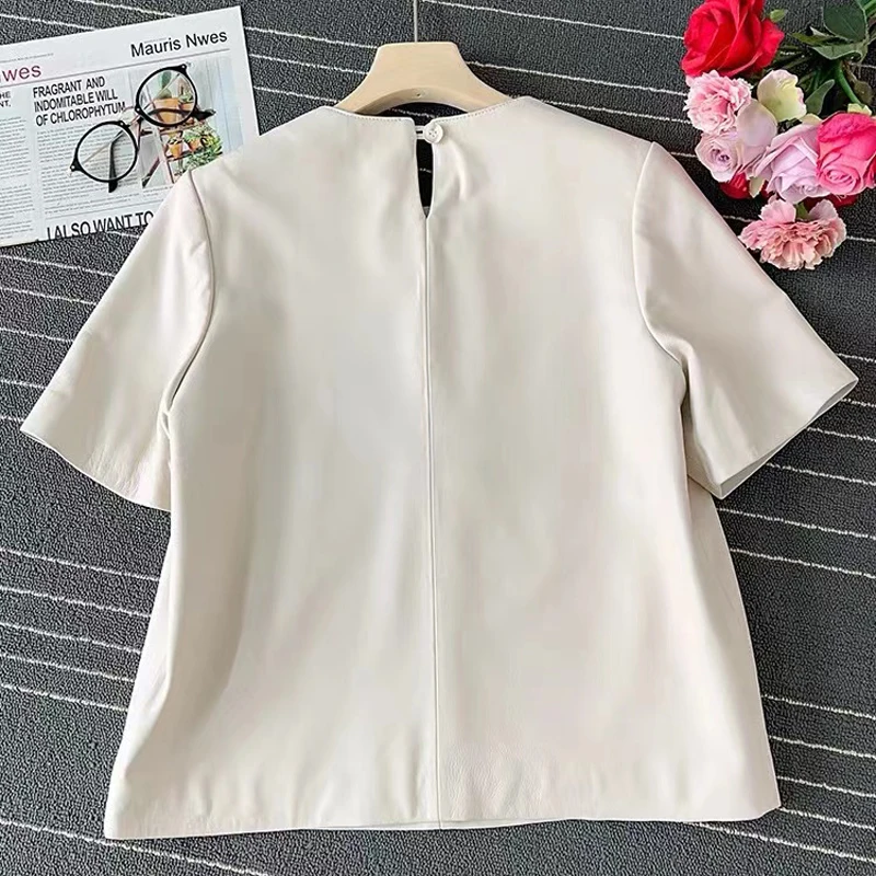 White Leather T-shirt For Women European Simple Style Genuine Sheepskin Short Sleeve Tops Casual Roupa Feminina Black Blusas