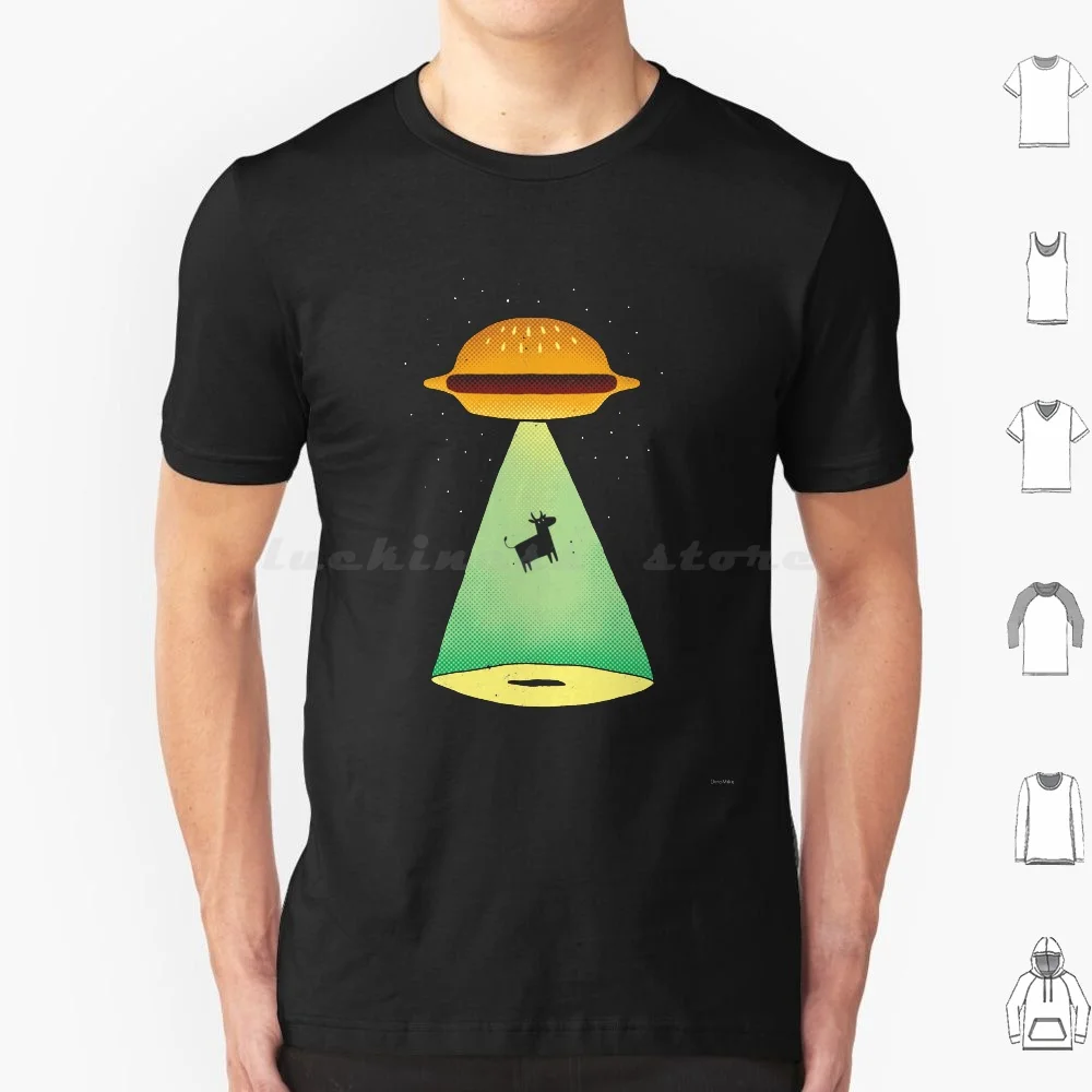 Burger Abduction T Shirt Cotton Men Women DIY Print Ufo Spaceship Space Flying Saucer Burger Cow Animal Funny Dinomike