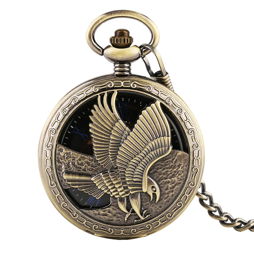 Bronze Fly Eagle Half Hunter Mechanical Pocket Watch Men Hand Winding Movement Vintage Christmas Gift for Male with Fob Chain