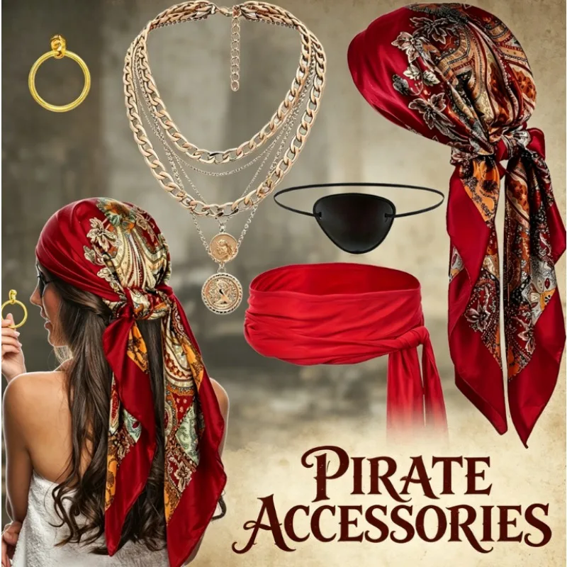 Pirate Costume Accessory Set  Belt Necklace Bracelet One Size Black Red  Perfect for Halloween Cosplay Party