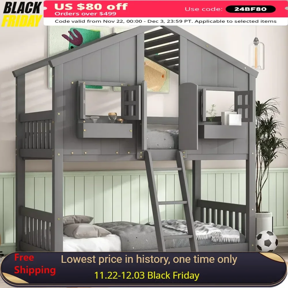 Bunk Bed, Wood Frame with Roof, Window, Window Box, Door, Safety Guardrails and Ladder, for Girls Boys ,Over Twin Kids Bunk Beds