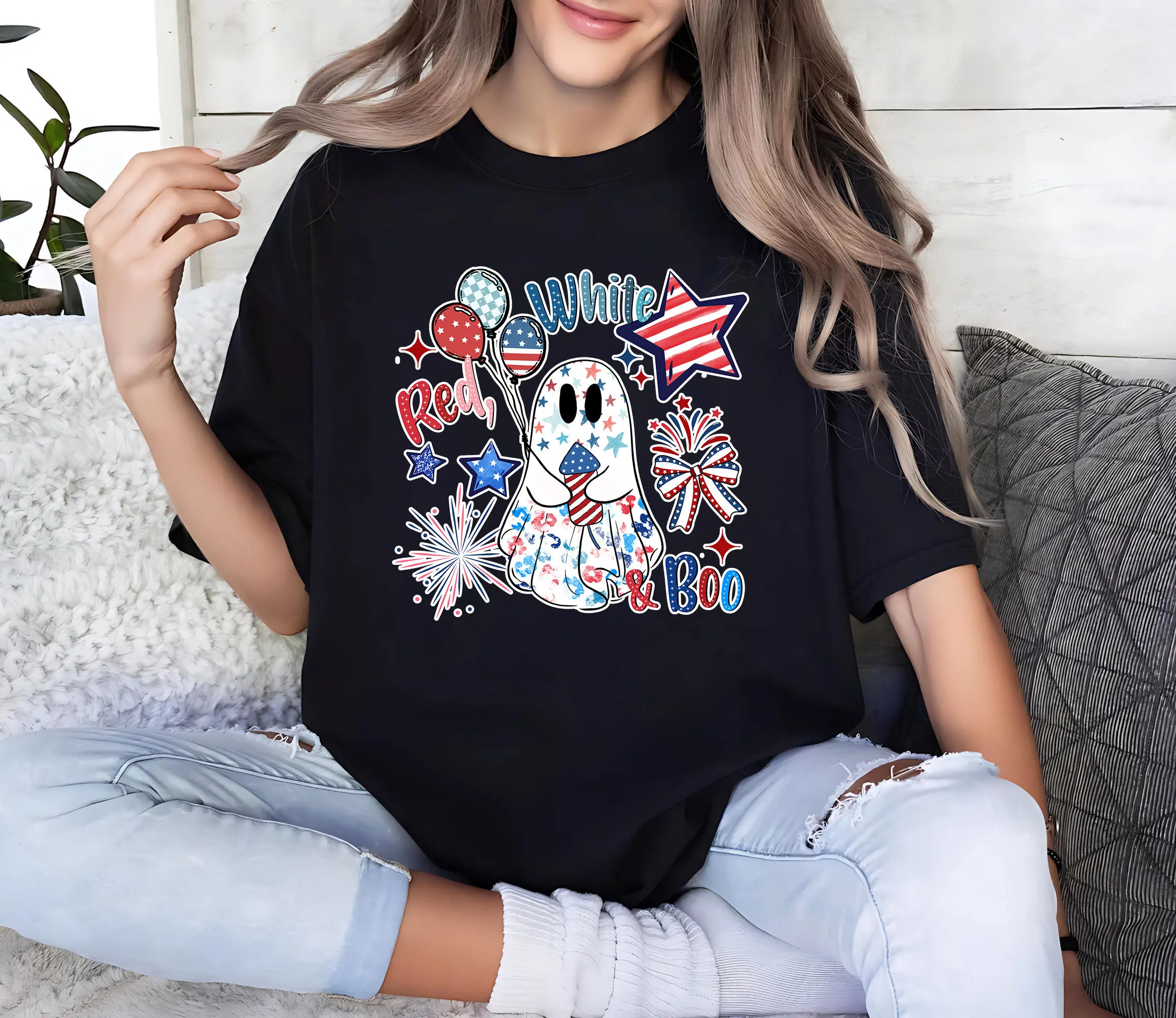 

Red White Boo T Shirt Cute 4th Of July Independence Day Patriotic Usa America Ghost