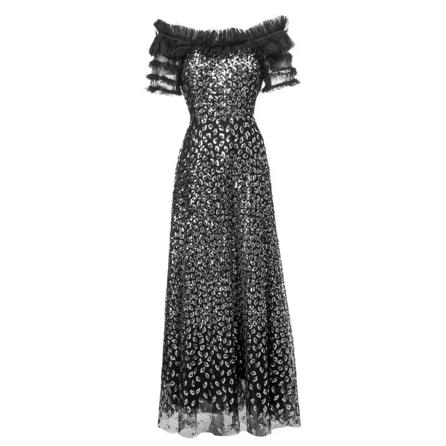 

Meyyithun Women's Dress Sequins Embroidery Mesh Dress Slash Neck Short Sleeve Ruffles Black Vintage Dress Summer Fashion