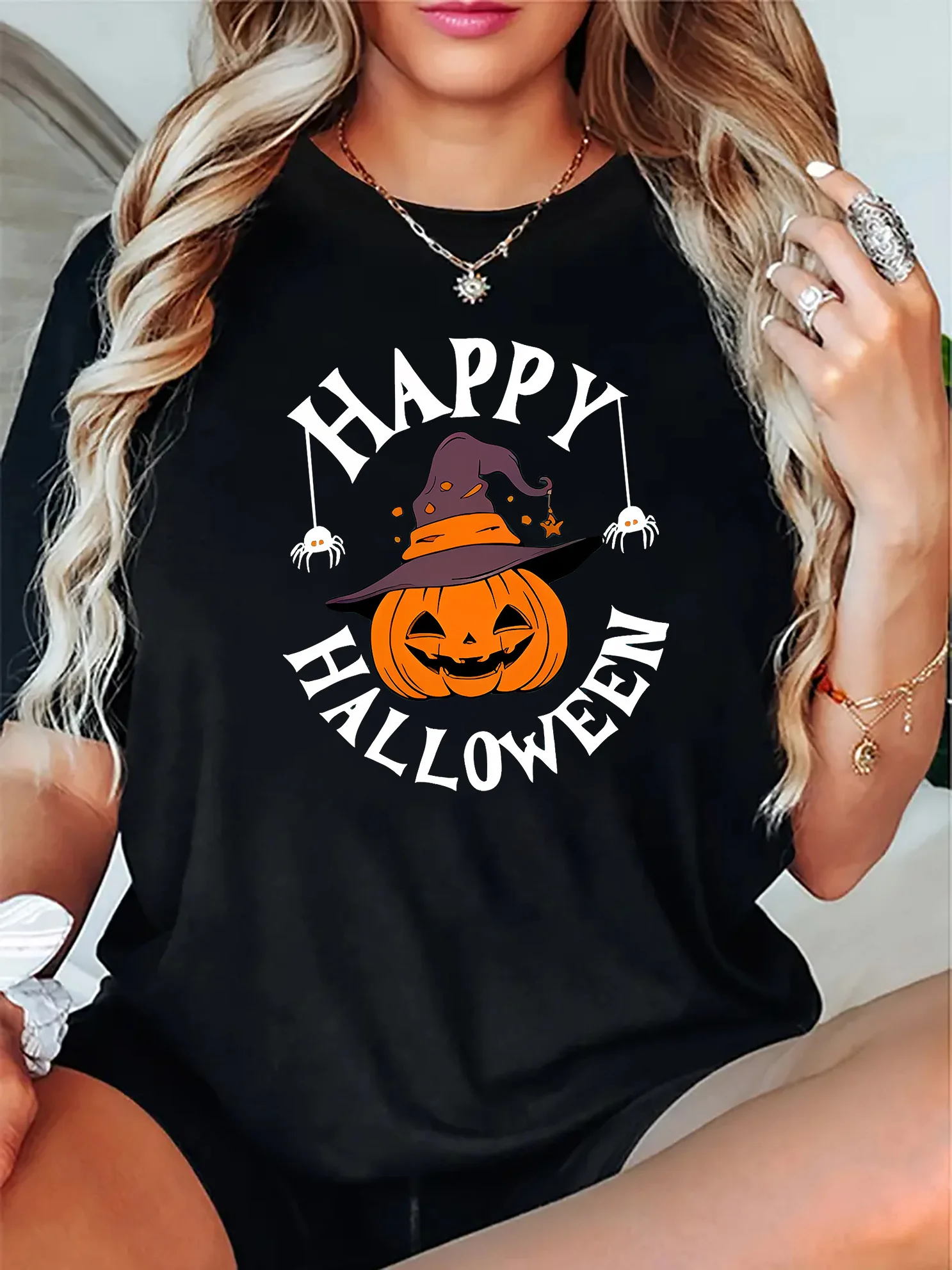 

Halloween pumpkin print fashionable short sleeved round neck women's T-shirt
