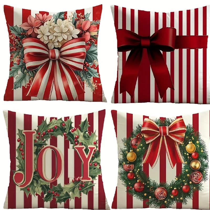 

Christmas Red and White Stripe Pillowcases with Bows and Wreaths for Festive Decor