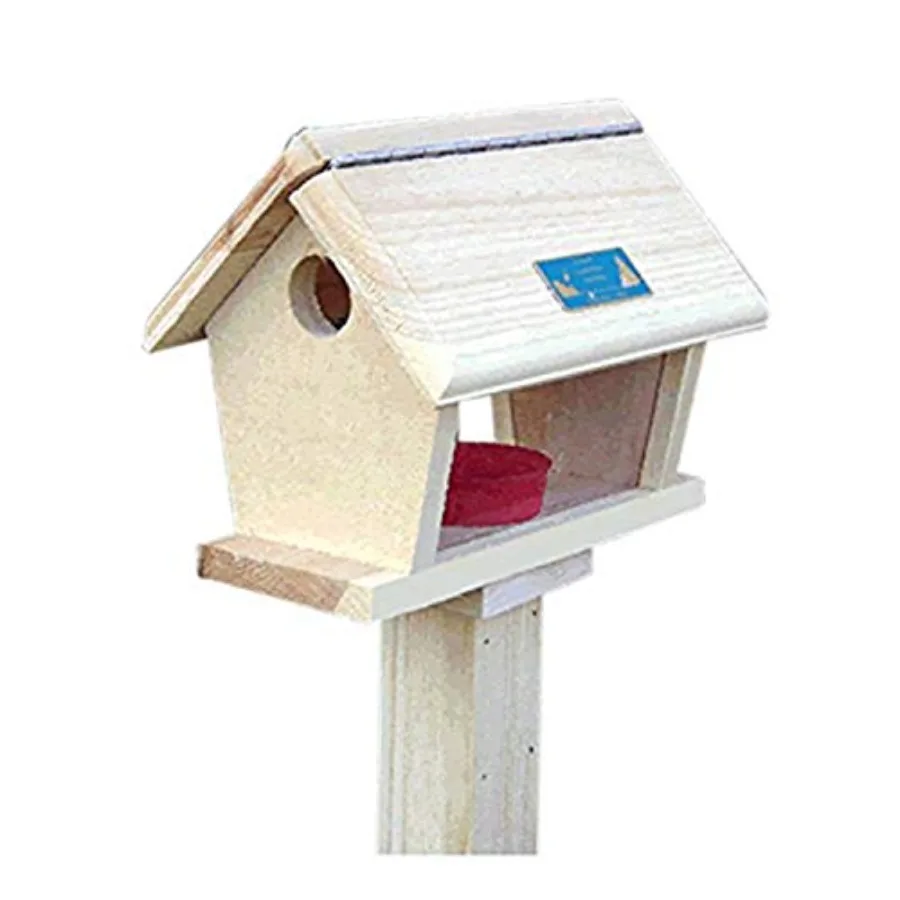 

Small Bluebird Mealworm Feeder Wooden Platform Bird Feeder with Red Feeding Cup Mounts on 4x4 Post Eastern White Pine Handcraft