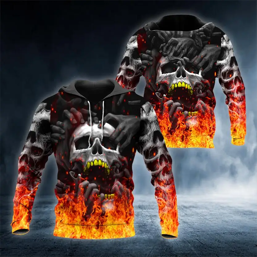 2026 Autumn/Winter New 3D Flame Motorcycle Rider Skull Print Pattern Street Gothic Hip-Hop Style Premium Men's Hoodie