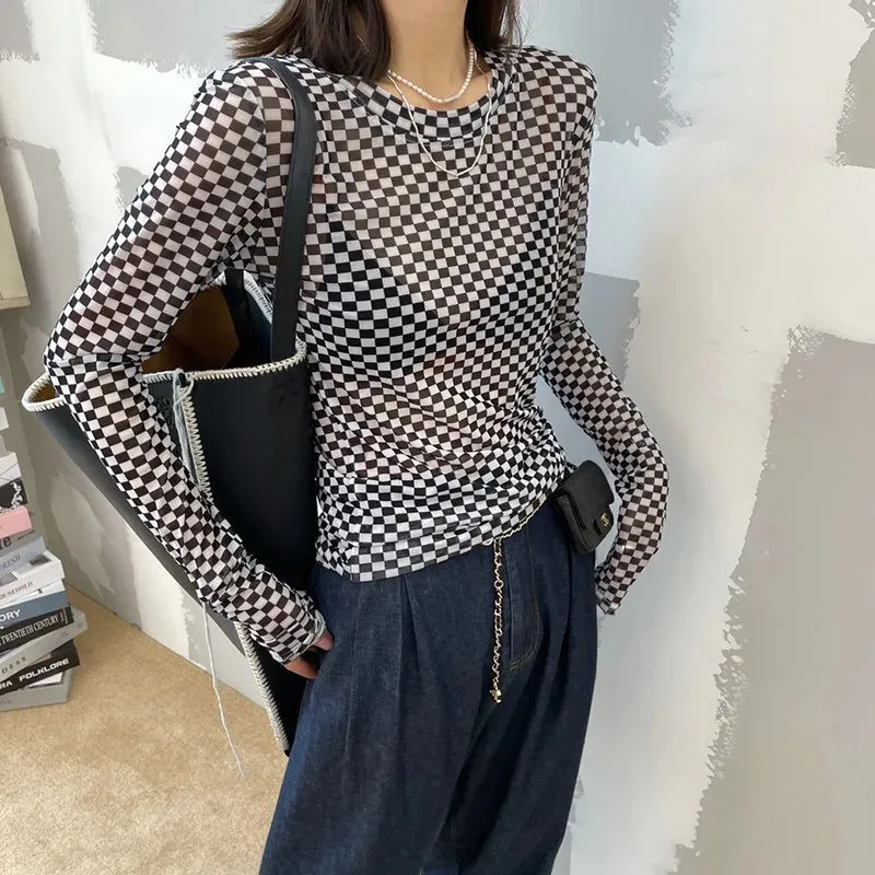 Women's Checkered Mesh Long Sleeve Top Sheer Retro Y2K Top