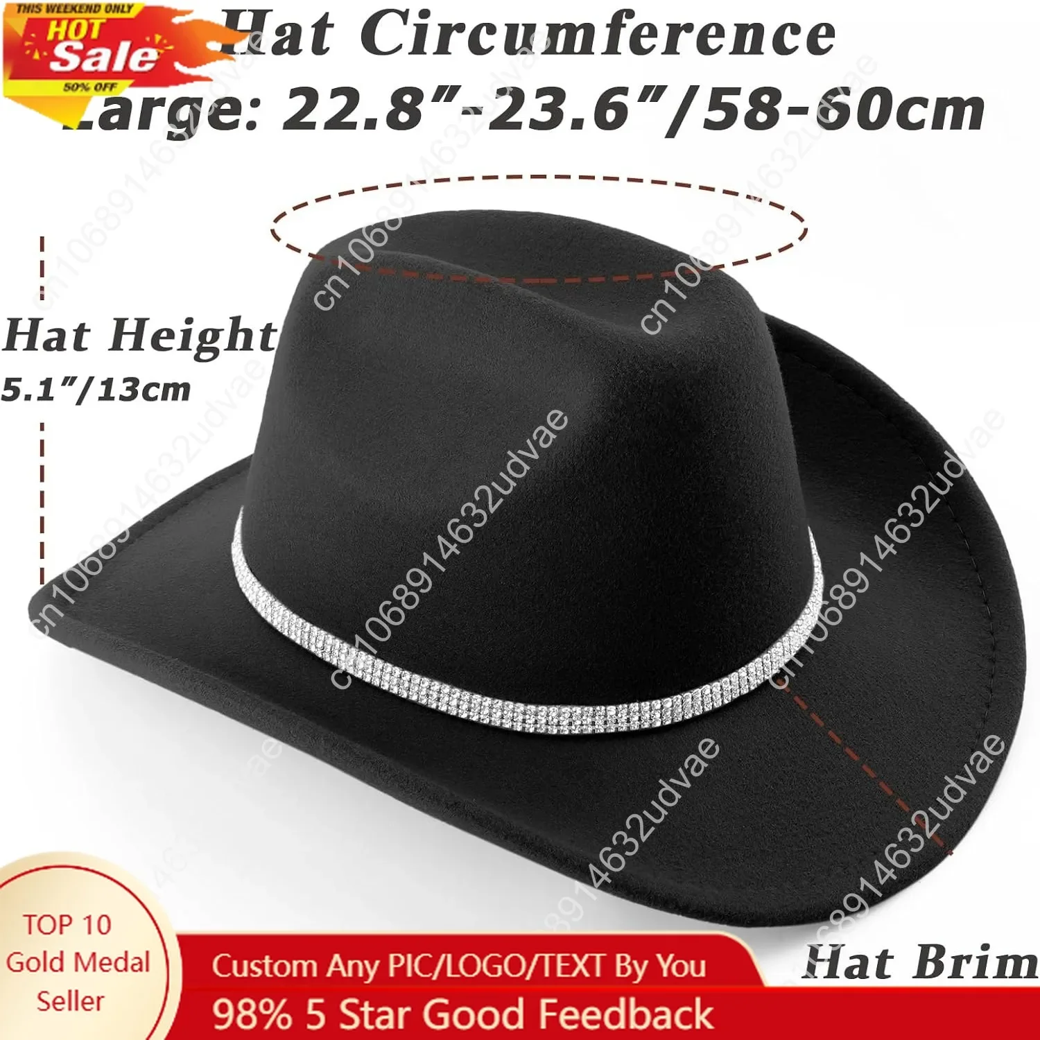 

DRESHOW Glitter Cowboy Hat Classic Western Rhinestone Cowgirl Hat Outdoor Wide Brim Retro Felt Fedora Hats Rolled up Caps