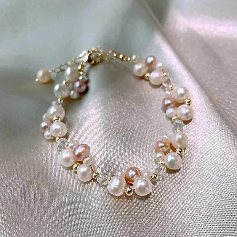100% Natural Freshwater Pearl & Crystal 14K Gold Filled Female Jewelry Sets For Women Necklace Bracelet Wholesale Gifts No Fade