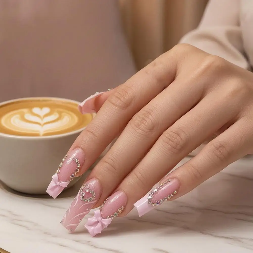 24Pcs Long French Tip Press on Nails 3D Pink Bow Rhinestone Stick-on Nails Removable Full Cover Glue on Fake Nails