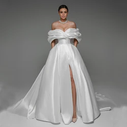 Elegant Bride Satin Off Shoulder Bridal Dresses Split Vintage Floor Length Wedding Gown Long Train Corset Свадебное платье 2024