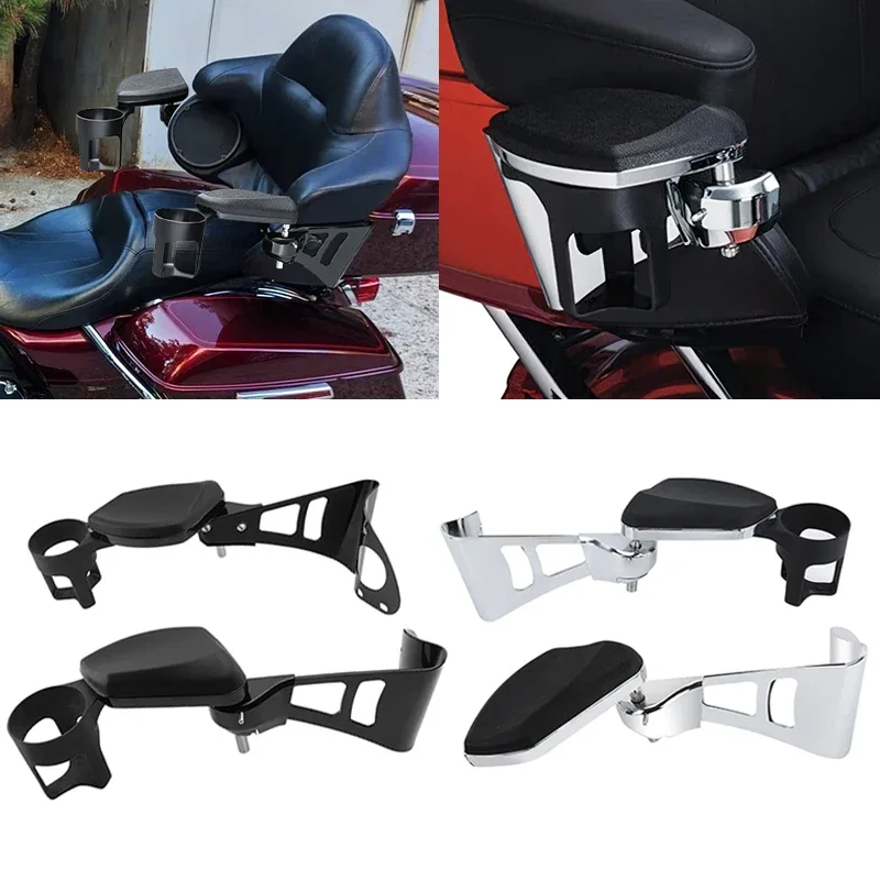 Black Chrome Motorcycle Armrests Adjustable Cup Holder Bottle Handlebar For Harley Touring Electra Road Tri Glide 2024