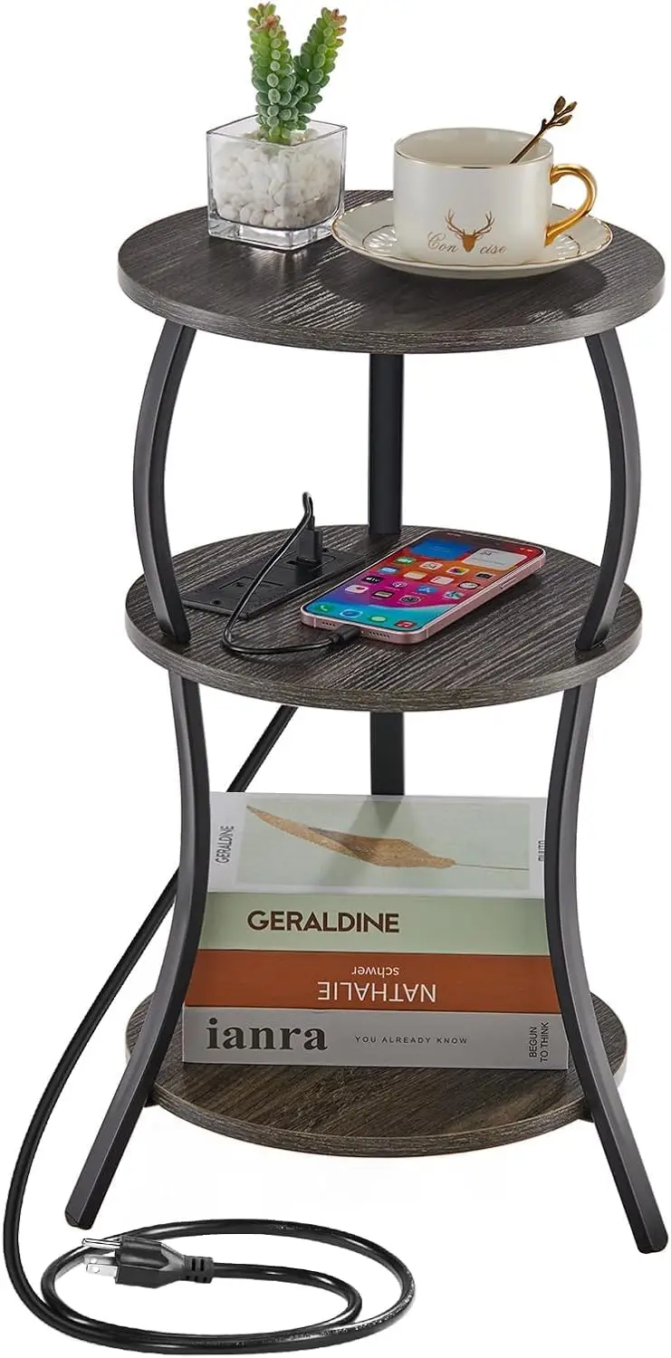 

Small Round Side Table with Charging Station, 3-Tier Waist Circular End Table with Storage Shelf, Compact Tea Sofa Side Table