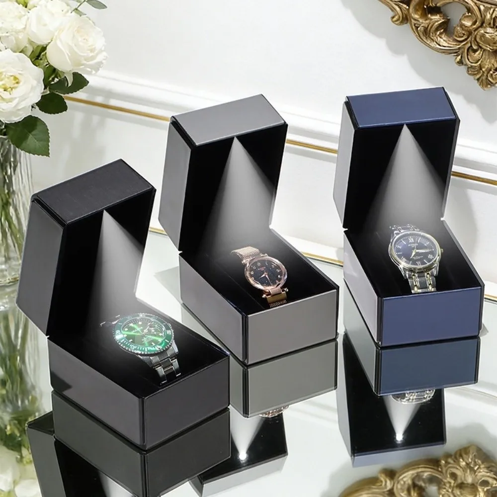 PU Leather Watch Box with LED Light Flip-Top Lid Single Watch Gift Box Bracelet Storage Wristwatch Display Case Jewelry