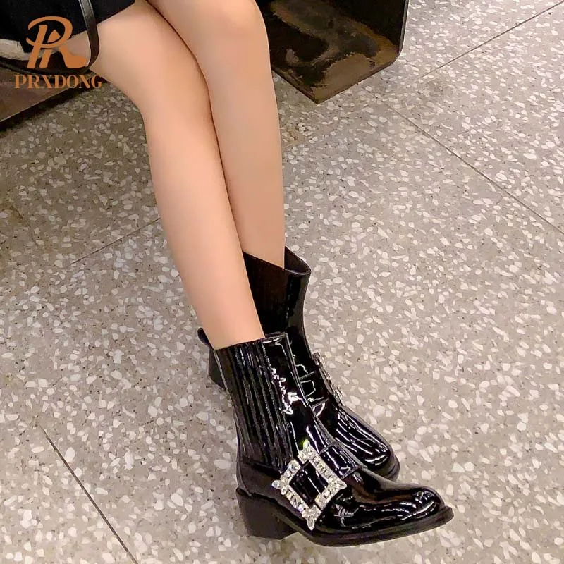 PRXDONG 2024 Fashion Women Ankle Boots Low Square Heel Round Toe Black Crystal Dress Casual Female Shoes Short Boots Size 34-39