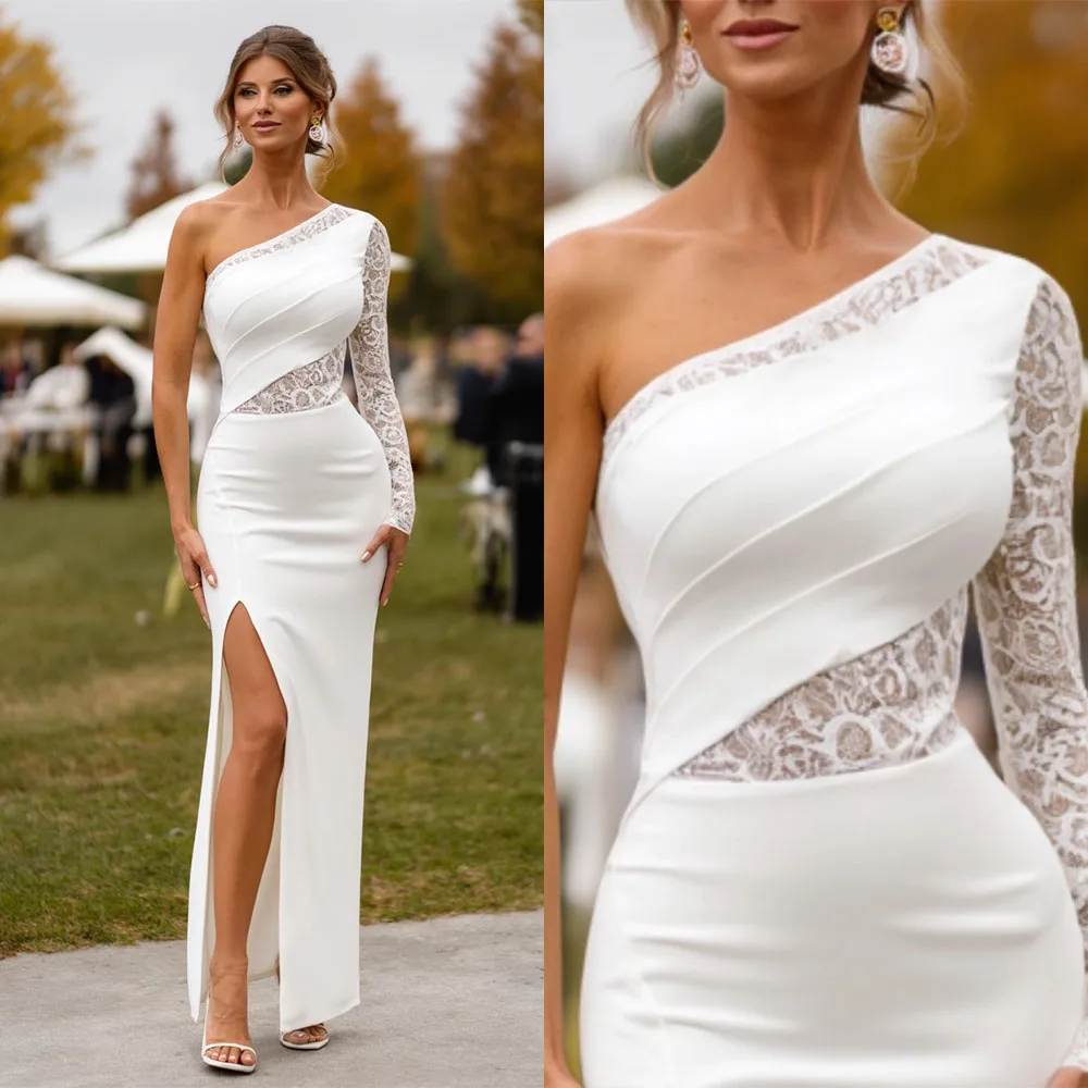 High Quality Customized One Shoulder Ankle Length White Wedding Party Lace High Fork Evening Dress 2025 Luxury Serene Hill  드레스