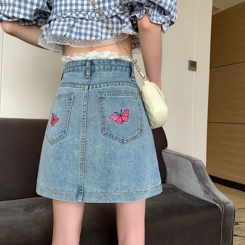 Women Personality All-Match Lace Side Denim Skirts Chic Summer Female Korean Butterfly Embroidered Jean Skirt with Pockets Girls