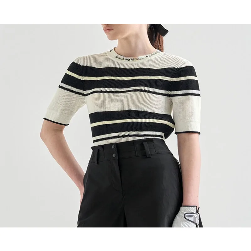 

Korean Golf Clothing Women's Knitted Sweater Early Autumn New Edition Book Style Cool Contrast Stripe Versatile Sports Top