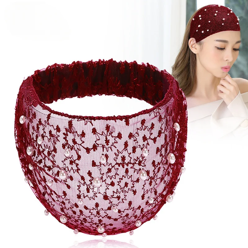 Women Wide Elastic Headbands Lace Pearls Floral Bandanas Hairbands Lace Flower Headwrap Turban Female Hair Accessories