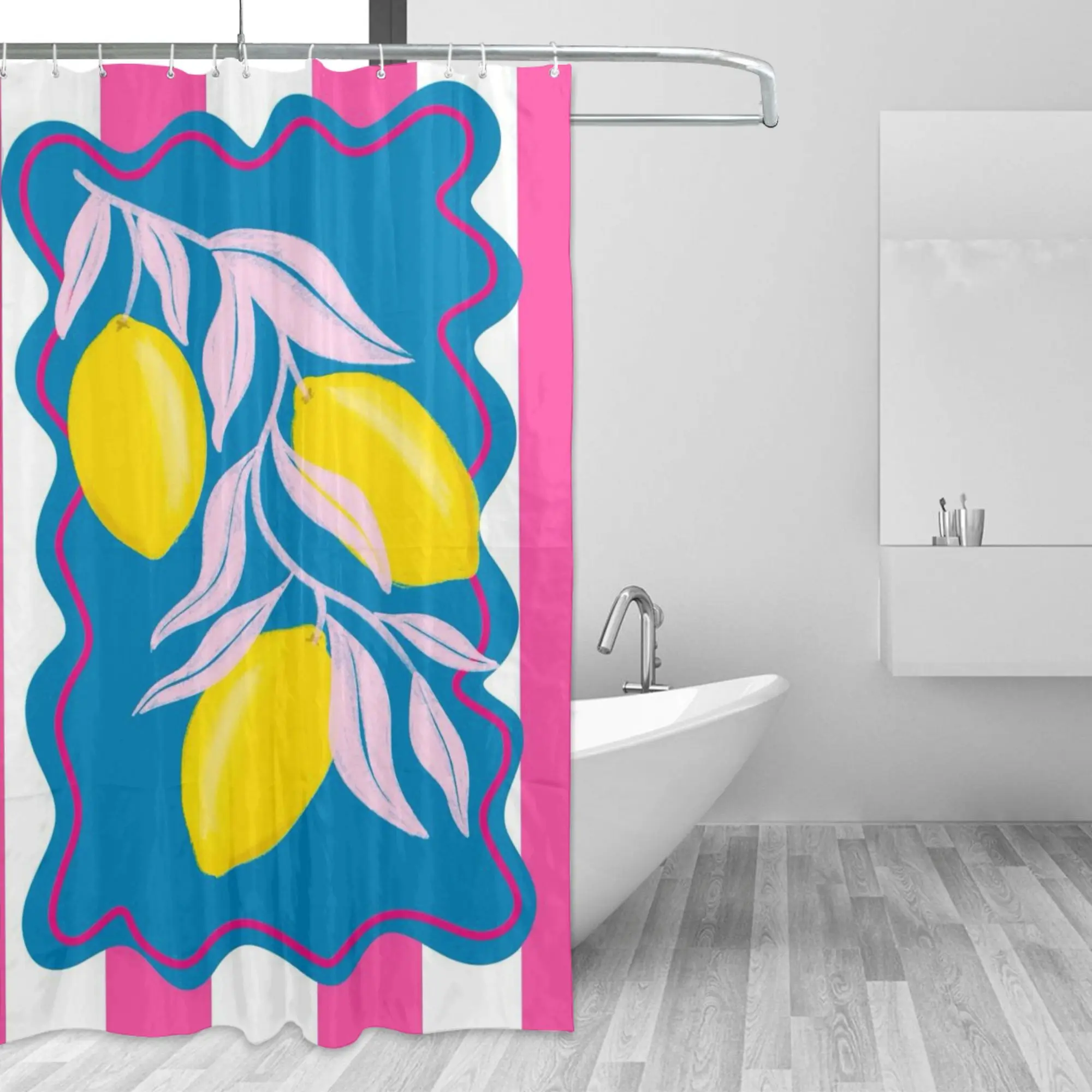 Preppy Pink Stripe Lemon Shower Curtain, Wavy Blue Frame Yellow Lemon Leaf Print Waterproof Bath Curtain with Hooks for Family