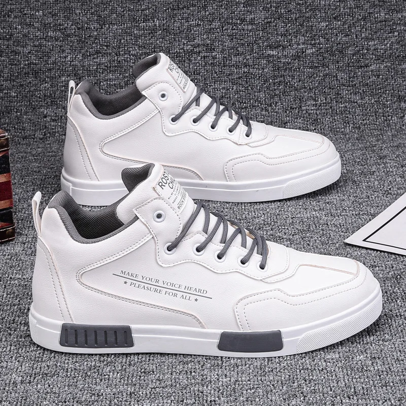

Men's Sneakers Leather Casual Shoes Trend Breathable Lace-up White Shoes High Top Men Vulcanized Shoe Outdoor Non-slip Men Shoes