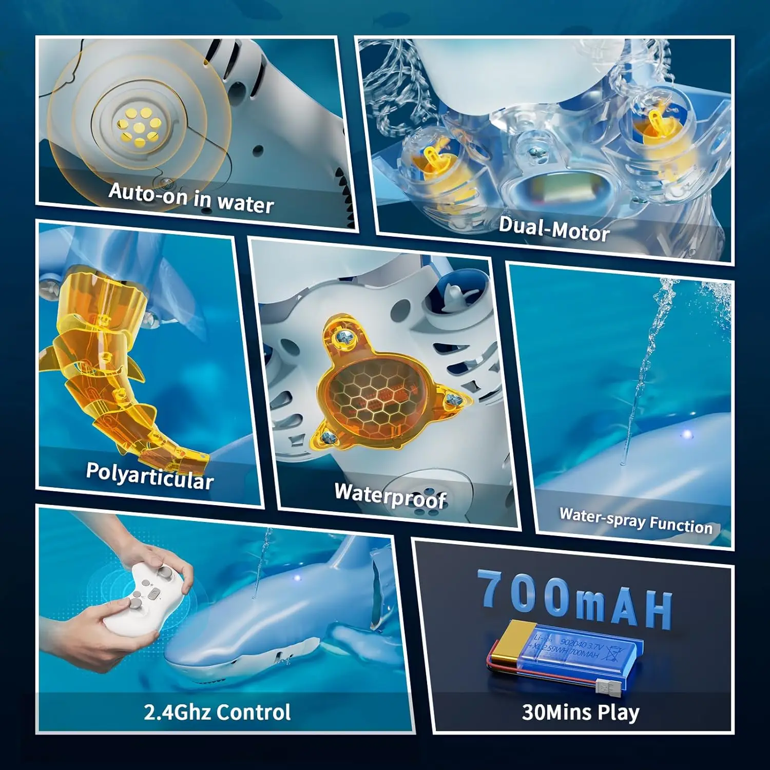 2.4G RC Electric Shark Toy with Lights & Spray, Waterproof Remote Control Fish Robot for Kids Boys Pool Bath Outdoor Water Play