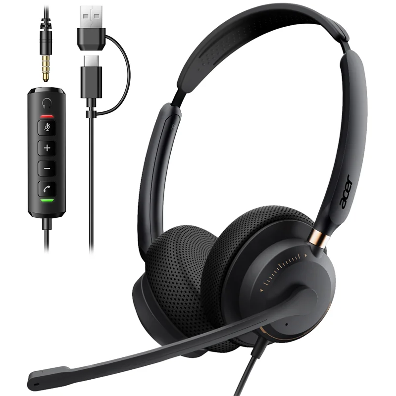 Auriculares USB Acer con Micrófono para PC, Auriculares con Cancelación de Ruido para Computadora Portátil, Auriculares con Cable y Micrófono para Centro de Llamadas y Trabajo