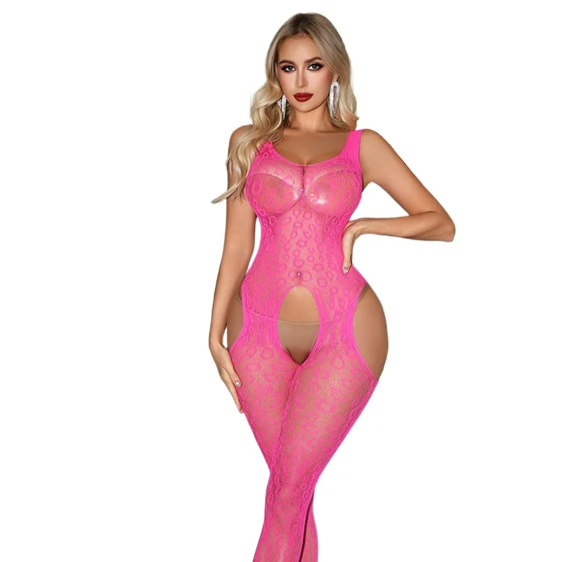 Women Sexy Lace Tight Bodysuit Open Hollow Fishnet Lingerie Thin Sexy Suspender Open Crotch Pattern Mesh Transparent Jumpsuit