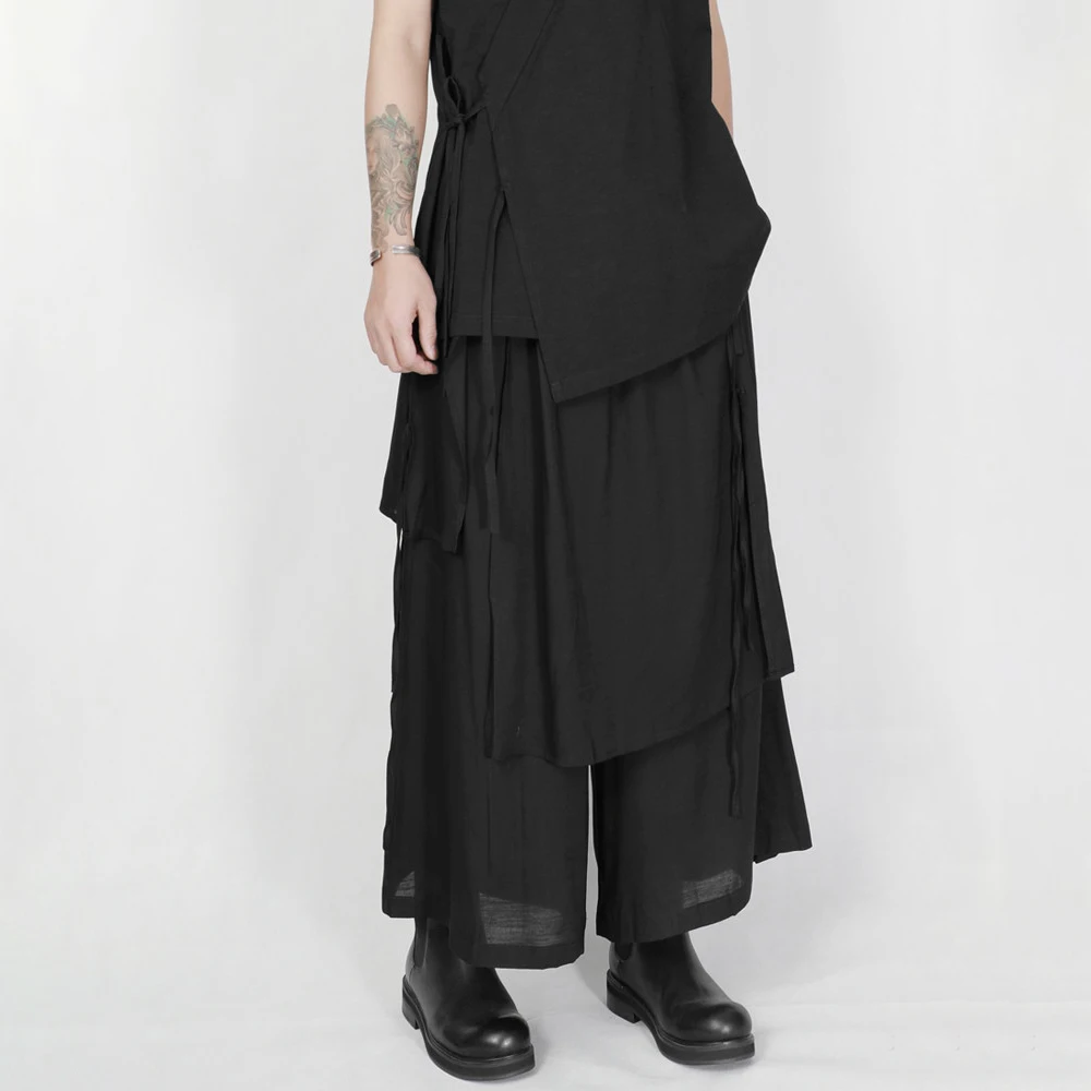 Irregular Layered Patchwork Cropped Pants Genderless Spring Streetwear Fashion Japanese Dark Gothic Campus Hakama Unisex 2026