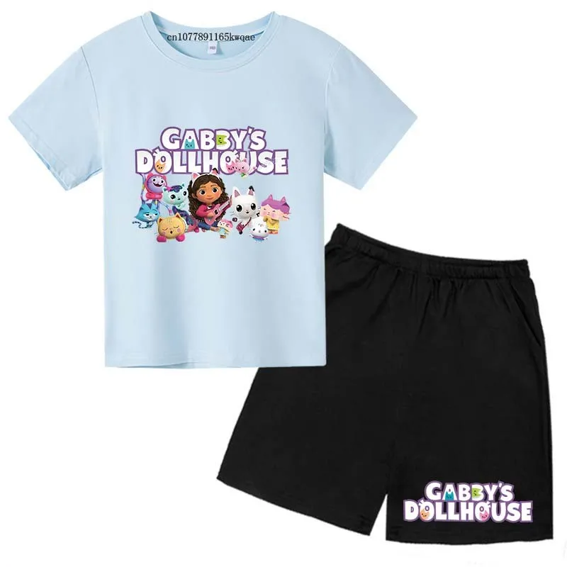 Gabby\'s Cartton Print Girls Summer Cute Breathable Tees+Shorts 2pcs Sports Suits 2-13 Years Kids Outfits Sets Children Clothes