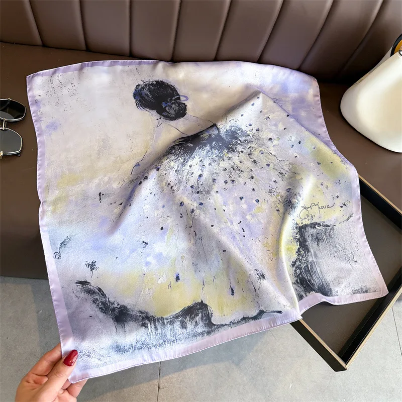 

Luxury Artistic Portrait Square Scarf For Women Elegant Ladies Hijab Neckerchief Shawl Soft Stain Silk Scarves For Travel Beach