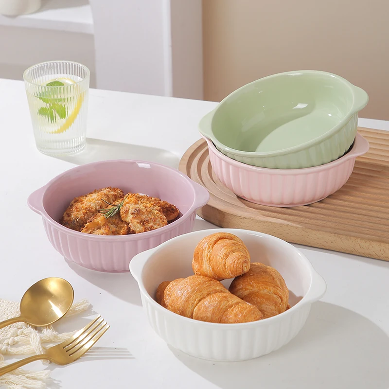 

Underglaze Cerc Bowl Double Ears White Porcelain Air Fryer Oven Special Sted Egg Bowl Cheese Rice Salad Bowl Home Use