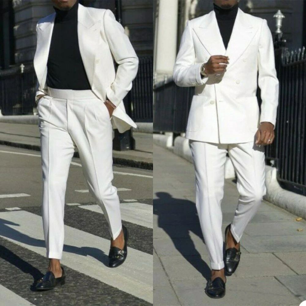 

Summer New Men Suits White Slim Fit Wedding Groom Male Suit Chic Peak Lapel Double Breasted Casual 2 Piece Blazer with Pants