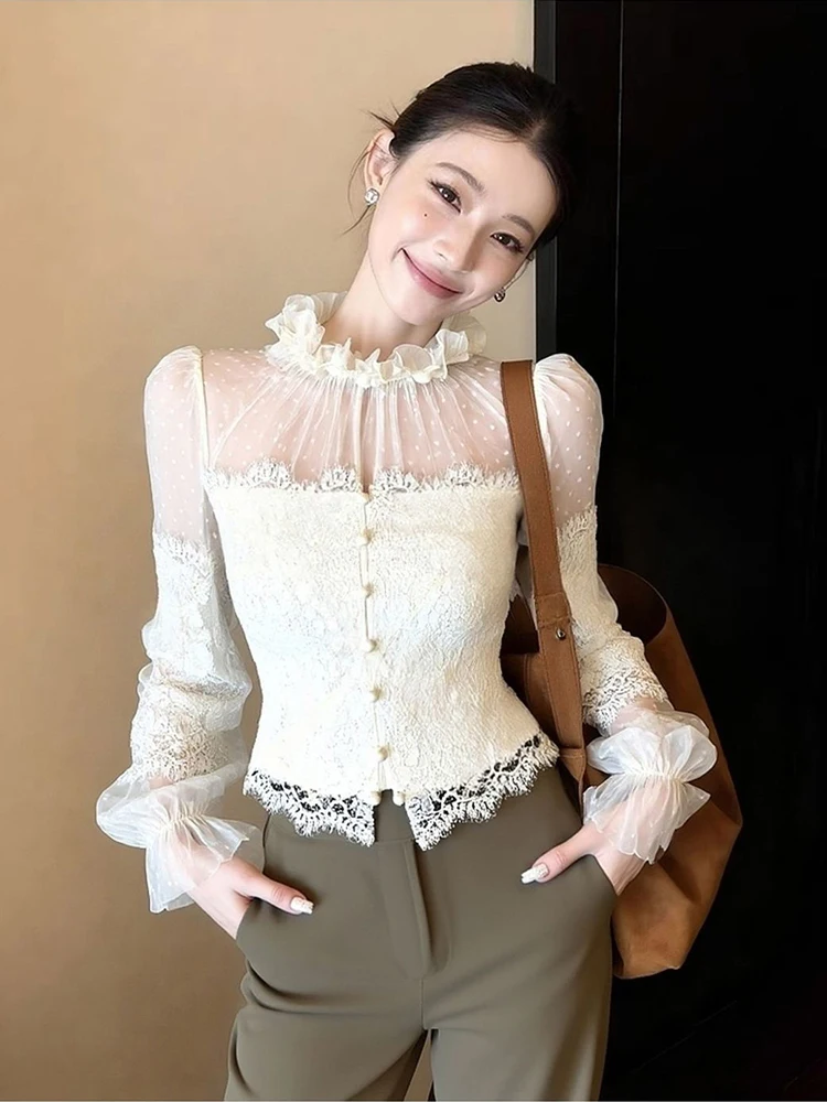 Camicie sexy patchwork in pizzo da donna manica lunga slim fit volant colletto alla coreana camicetta bottoni chic top da donna da ufficio a pois spessi