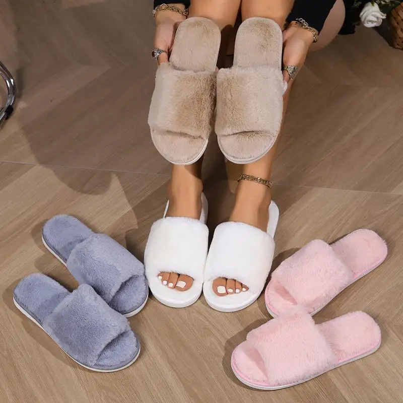 

Casual Fluffy Slippers Women House Flats Fashion Popular Plush Winter Designer Shoes Ladies Elegant Platform Footwear Large Size