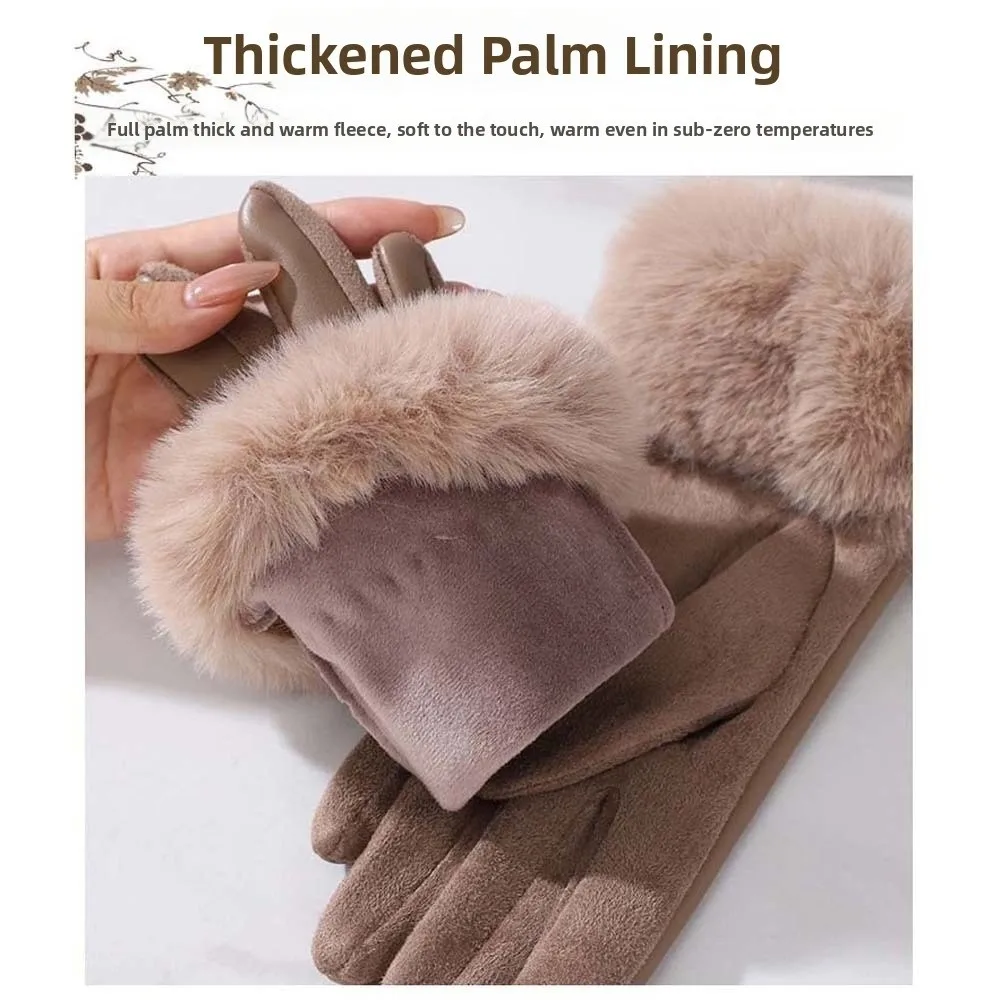 Fleece Lined Leather Gloves Anti-splash Water Fur Cuff Touchscreen Gloves Soft Texture Suede Fabric Winter Mittens Cycling