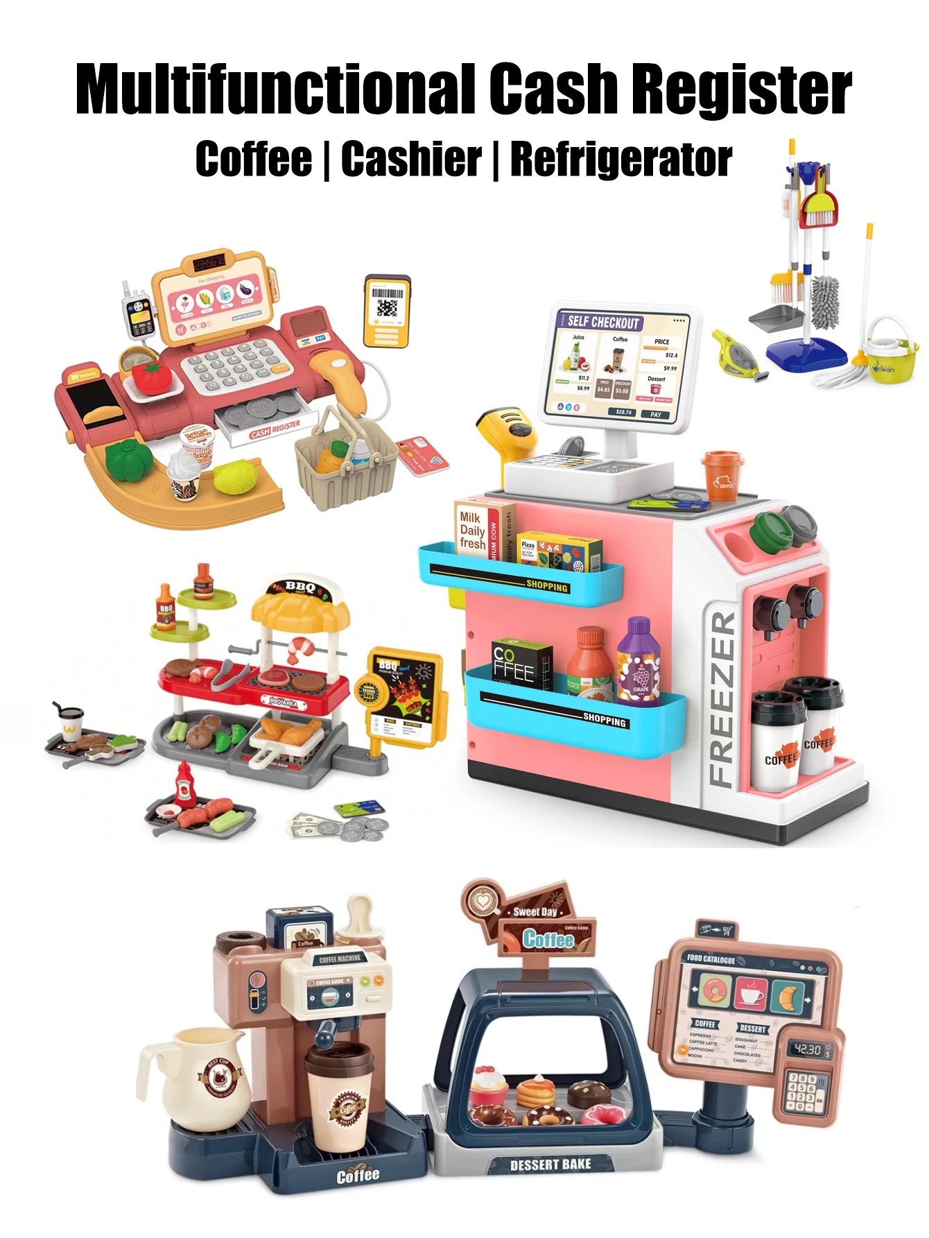 Pretend Play Coffee Supermarket Cash Register Toy, Cleaning Tool Playset, Mini BBQ Grill Shop Playset Role Play Gift for Girls 3